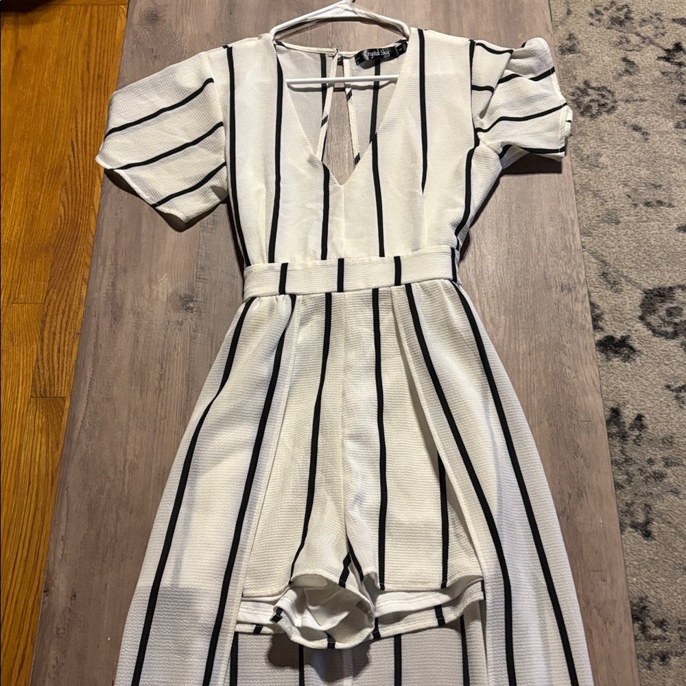 White and Black Striped shorts Jumpsuit